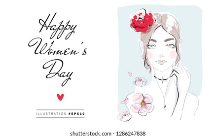 Happy Women's Day greeting card background design. Hand drawn fashion illustration.