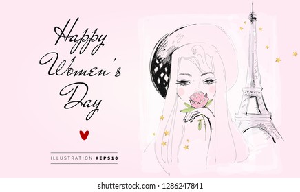 Happy Women's Day greeting card romantic design. Hand drawn fashion illustration. Girl in France, Paris. Eiffel Tower on the background.