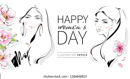 Happy Women's Day greeting card design. Hand drawn vector fashion illustration. Black and white girls silhouette with pink blossom flowers for beauty studio invitation. Romantic spring background.