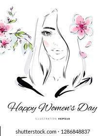 Happy Women's Day greeting card design. Hand drawn vector fashion illustration. Black and white girl silhouette with pink blossom flowers for beauty studio invitation. Romantic spring background.