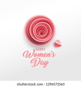 Happy Women's Day greeting card vector template. Rose bud, red hearts paper cut composition. Illustration with handwritten lettering, origami. International women's day paper art poster design
