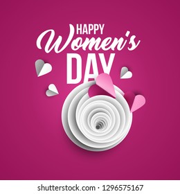 Happy Women's Day greeting card vector template. Rose bud, purple hearts paper cut composition. Illustration with handwritten lettering, origami. International women's day paper art poster design