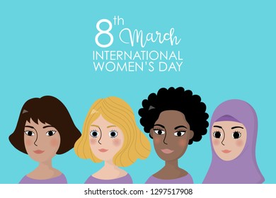 Happy Women's Day greeting card with international woman. People cartoon character