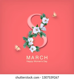 Happy women's day greeting card. Postcard on March 8. Text with flowers and butterflies