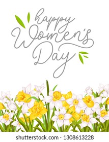 Happy women's day greeting card with narcissus and white background. International women's day greeting card.Vector illustration