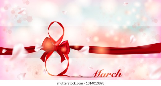Happy women's day greeting card. 8 march vector illustration with cherry blossom flowers, flying petals. Pink sakura. Spring design. 