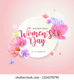 Happy women's day greeting card on March 8 Text with flowers