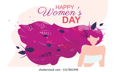 Happy Womens Day Greeting Card. Beautiful Faceless Woman with Long Hair Full Branches with Leaves. Cute Girl with Purple Hair. Congratulation for Female Holiday. Natural Beauty. Lady.