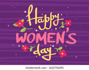 Happy Women's day greeting card with retro handwriting lettering design and red flowers. Vector illustration