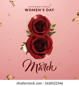 Happy women's day greeting card. Postcard on March 8. Text with Red Rose.