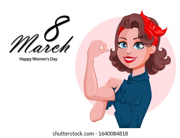 Happy Women's day greeting card. Beautiful lady shows woman power sign. Cute female cartoon character. Stock vector illustration