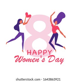 Happy women's day greeting card. Postcard on March 8. Vector illustration.Isolated on white background. 