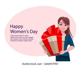 Happy Women's day greeting card. Beautiful lady with a big gift box. Cute female cartoon character. Stock vector illustration