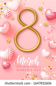 Happy Women's Day greeting card. 8 march modern background design with cute hearts, Golden confetti and stars. Vector illustration.