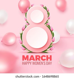 Happy Women's Day greeting card. Postcard on March 8. Number 8 shape, with bunch of tulips, pink and white balloons around it on rosy background. Womens Day Template. Vector illustration