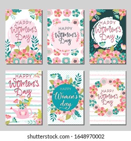 Happy Women's day greeting card, banner, poster template. Spring vector flowers illustration and hand drawn typography lettering phrase