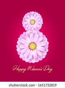 Happy Women's Day greeting card, banner, poster with pink spring flowers in the form of 8 on isolated background