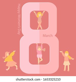 Happy Women's day greeting card with big number eight character and young cartoon girls in different action vector