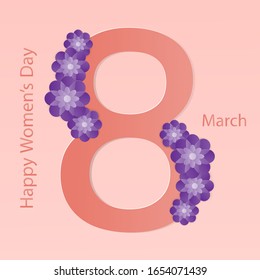 Happy women's day greeting card with violet flower on eight character paper cut vector