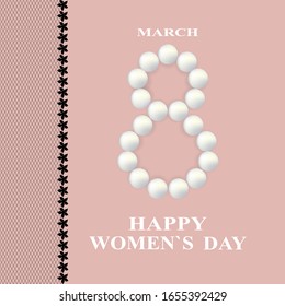 Happy Women`s Day greeting card. Spring holiday March 8 vector illustration. White pearl necklace and black stockings on a cream background. Women femininity concept in minimalism style.