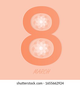 Happy Women's day greeting card with date number 8 and flower paper cut vector