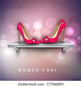 Happy Womens Day greeting card or poster design with pink ladies shoe on stage on shiny purple background.