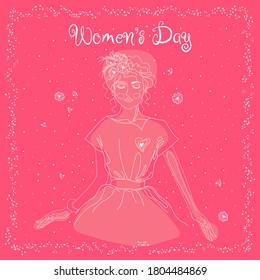 Happy Women's Day greeting card on pink background with design of a women face and text.