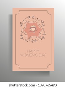 Happy Women's Day greeting card. Delicate design template in pastel colors with cute doodle girl. Vector illustration.