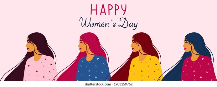 Happy women's day greeting card template. Group of young women standing together. Colorful modern vector illustration perfect for banner, card, postcard, poster, flyer, invitation.