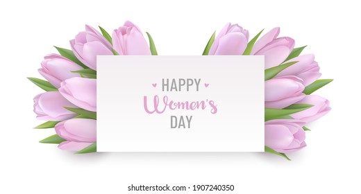 Happy Women's day greeting card March 8. Delicate light lilac photorealistic tulips under banner with congratulation text.