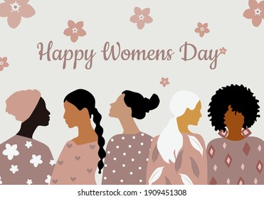 Happy Women's Day greeting card. Postcard template in pastel colors with women of different nationalities wishing a happy womens day. Modern vector graphics.