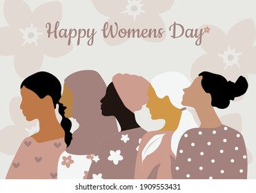 Happy Women's Day greeting card. Postcard template in pastel colors with women of different nationalities wishing a happy womens day. Modern vector graphics.