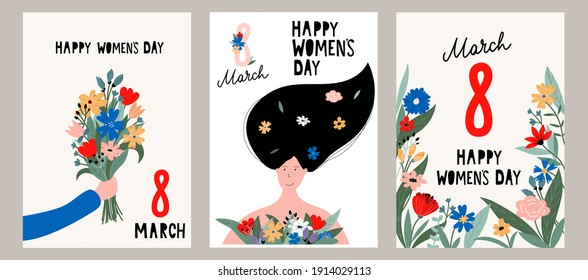 Happy Women's day greeting card set. 8 March cute posters, cards, flyers for spring holiday. Women holding flowers, arm with a bouquet, floral background. International Women's day Vector illustration