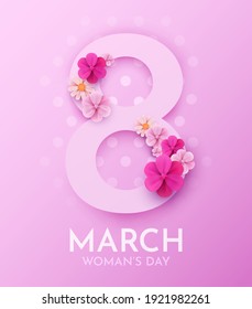 Happy Women's Day greeting card. 8 March modern background design with cute flowers. Vector illustration.