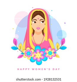 Happy Womens Day Greeting Card with Illustration of an Indian Women and Colorful Flowers.