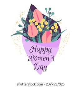 Happy Women's Day greeting card with a bouquet of mimosa and tulips.