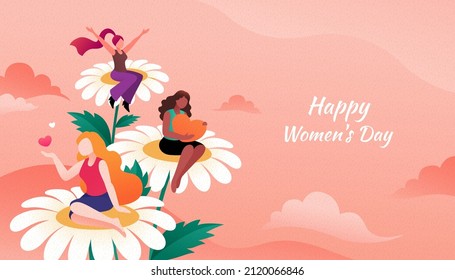 Happy Women's Day greeting card. Flat illustration of three multiracial women sitting on flowers. Concept of women owning equal rights and loving themselves - Shutterstock ID 2120066846