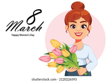 Happy Women's day greeting card. Beautiful lady holding a bouquet of pink and yellow tulips