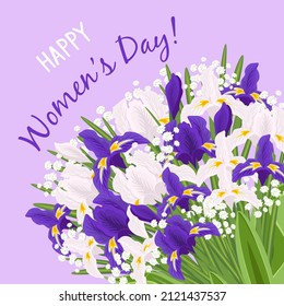 Happy Women's Day greeting card. Flower bouquet with purple and white irises on purple background.
