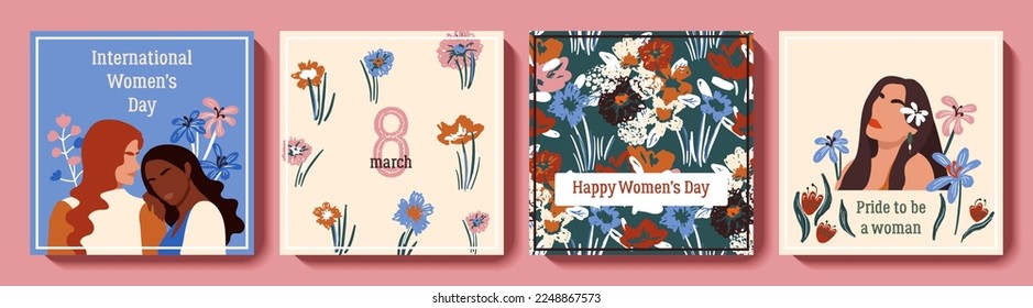 Glückliche Frauentag Grußkartenset. 8. März Feiertage Hintergrund mit verschiedenen weiblichen Charakteren und Blumen. Internationaler Frauentag. Vektordesign für Poster, Postkarte, Einladung, Flyer 