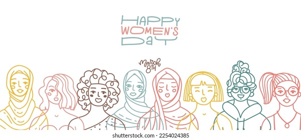 Happy Women's Day greeting card. Abstract different women portraits in linear style . Women empowerment. Horizontal Vector linear doodle hand drawn illustration with lettering greeting text.