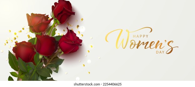 Happy Women's Day greeting card. 8 march modern background design with beautiful realistic red roses and golden serpentine. Vector illustration.