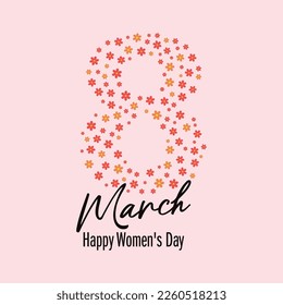 Happy women's day greeting card. Postcard on March 8. Text with flowers

