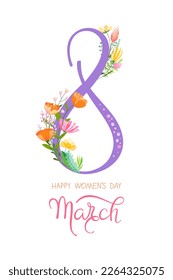 Happy women's day greeting card. 8 march women's day poster or banner with big number eight and lettering, spring flowers and leaves on white background.