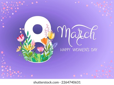 Happy women's day greeting card. 8 march women's day poster or banner with big number eight and lettering, spring flowers and leaves on purple background.