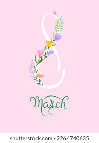 Happy women's day greeting card. 8 march women's day poster or banner with big number eight and lettering, spring flowers and leaves on pink background.
