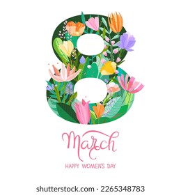Happy women's day greeting card. 8 march women's day poster or banner with big number eight and lettering, spring flowers and leaves on white background.