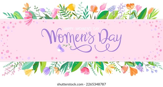 Happy women's day greeting card. 8 march women's day poster or banner with lettering, spring flowers and leaves on pink background.