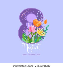 Happy women's day greeting card. 8 march women's day poster or banner with big number eight and lettering, spring flowers and leaves on purple background.