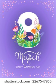 Happy women's day greeting card. 8 march women's day poster or banner with big number eight and lettering, spring flowers and leaves on purple background.